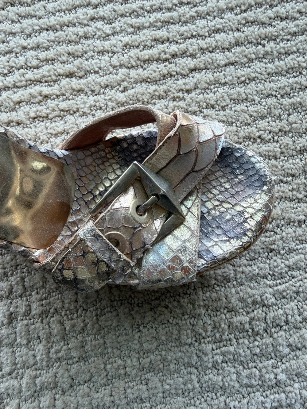 Stuart Weitzman Metallic Snake-Print Cork Wedge Sandals